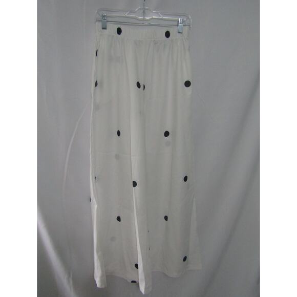 Women’s White Polka Dot Wide-Leg Pants Size L Elastic Waist Flowy Trousers - Picture 1 of 5